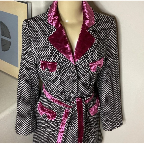Rebecca Taylor Coat Jacket Overcoat Tweed Trench Velvet Trim‎ Belted Women Sz 8